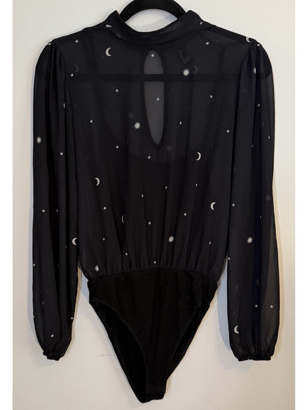 Forever 21 Celestial Mesh Navy Bodysuit Sheer Moon Stars Long Sleeve Goth Small